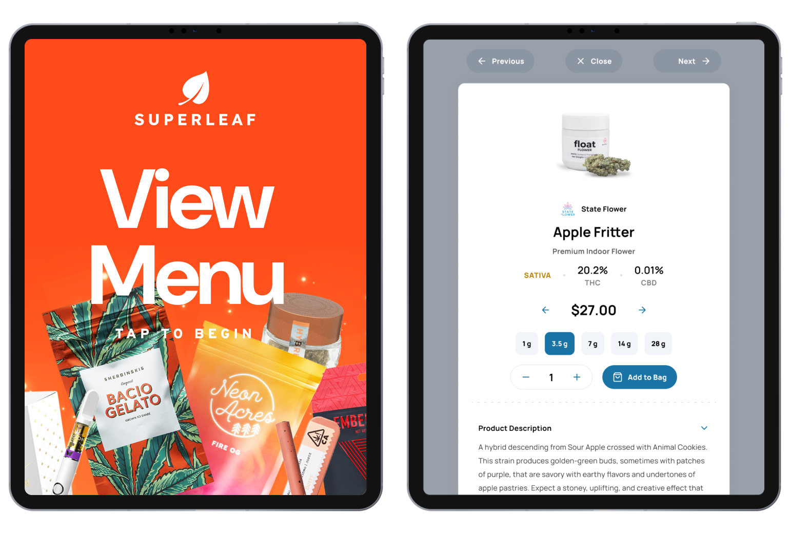 Seed Touch tablets showing an interactive dispensary menu